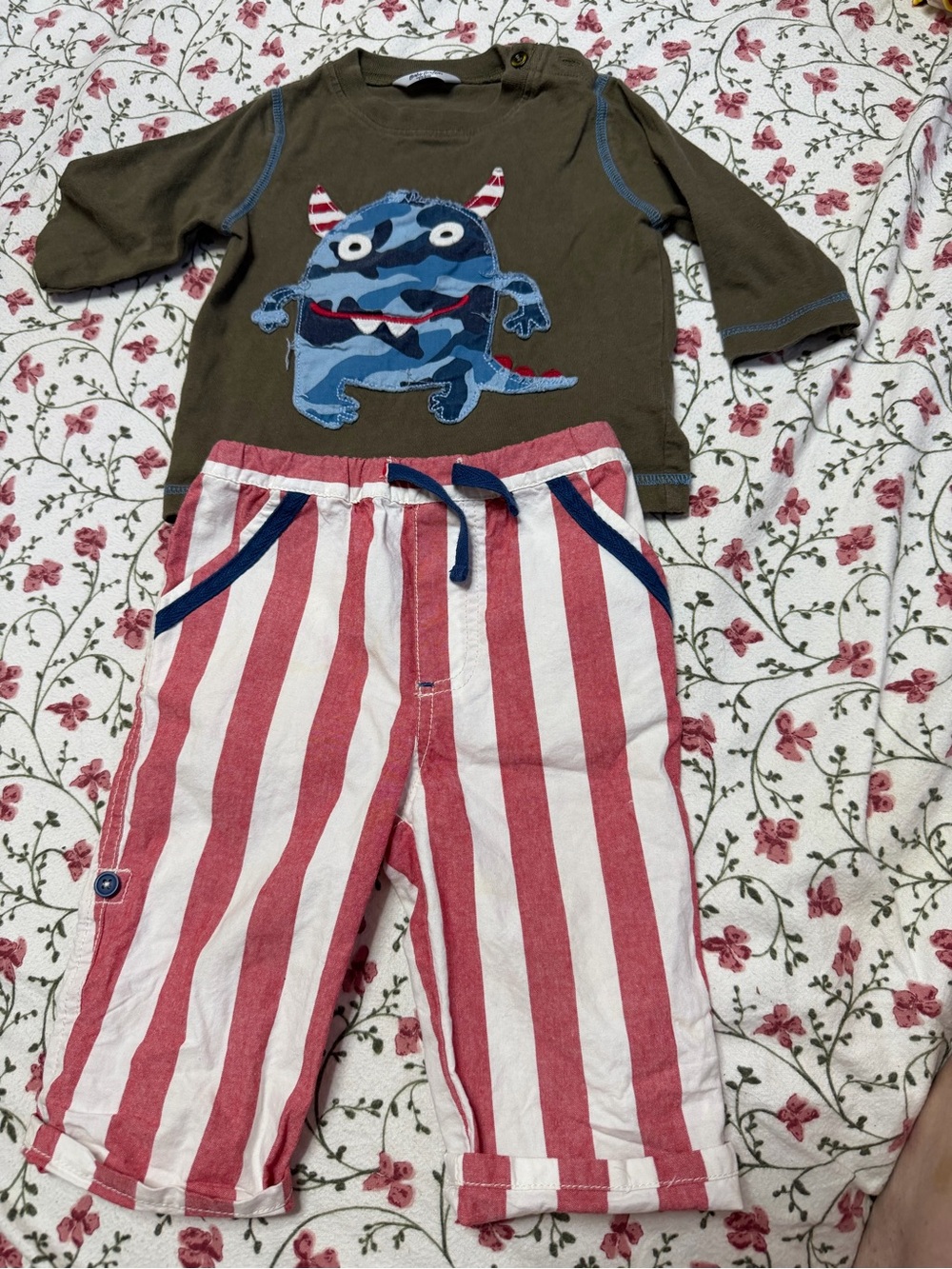 Baby Boden Brown Top with Blue Monster & Red-White Stripe Pajama Pants